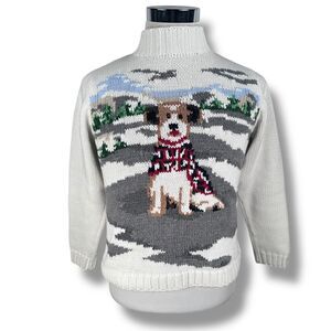 Vintage Liz Claiborne Dog Sweater Womens Small White Knit Cotton Pullover Birds